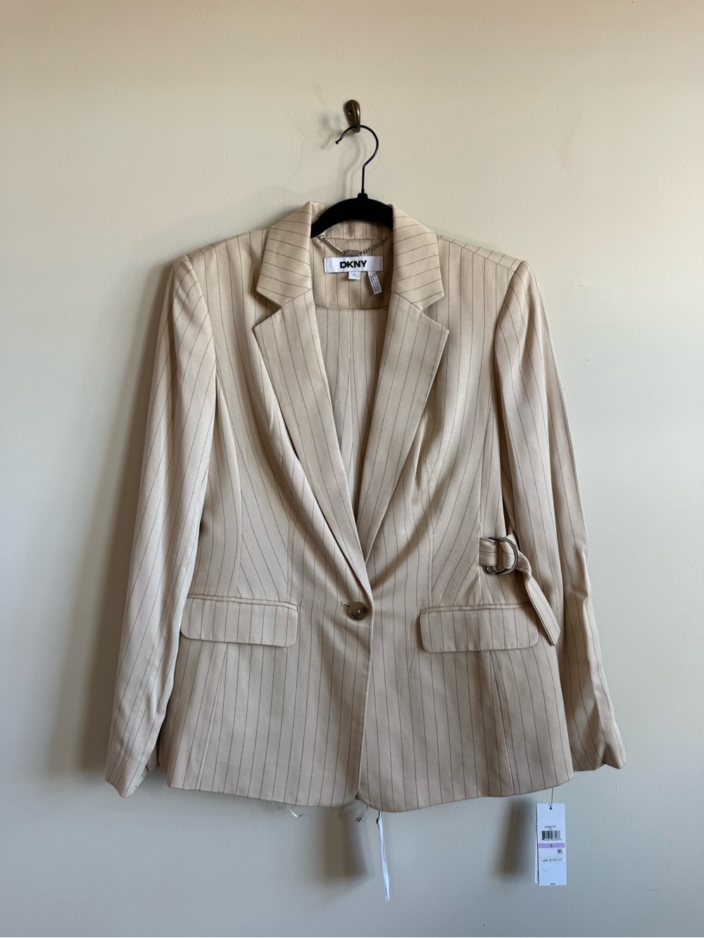 DKNY Beige Pinstripe Single-Button Suit, Blazer size 6, pants size 6